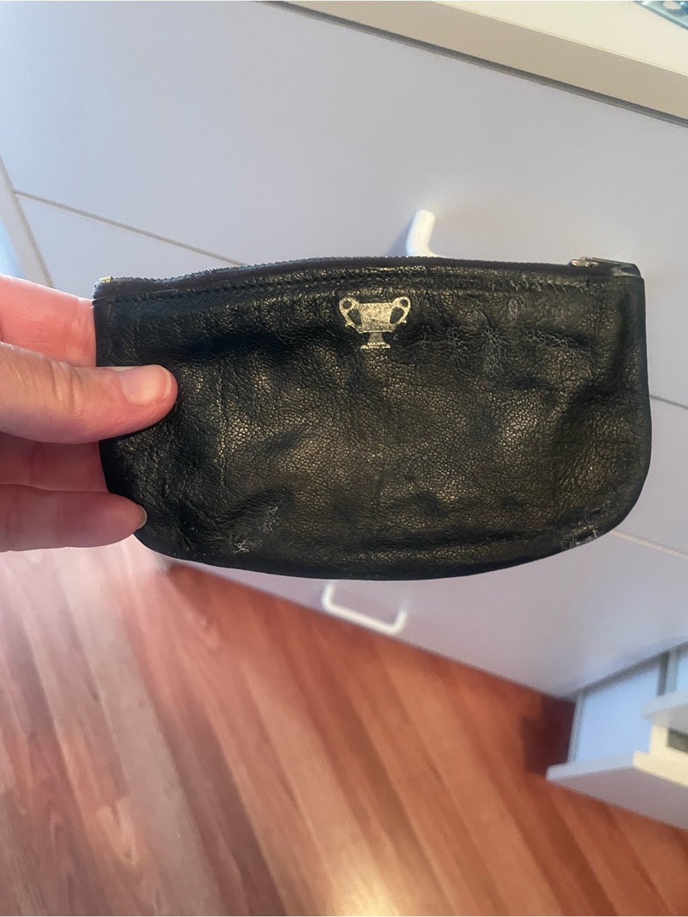 Leather Zip Pouch with Trophy Emblem - Black